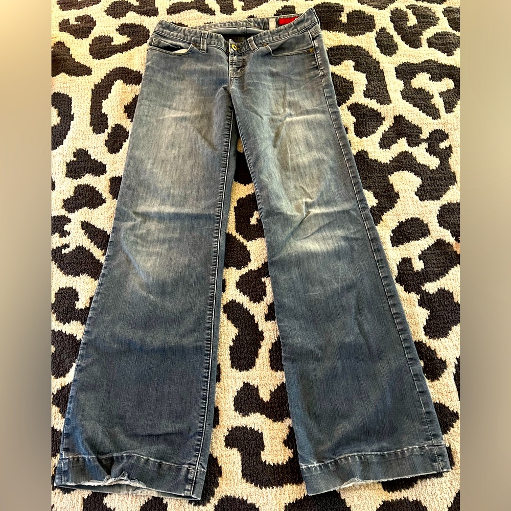 Vintage Express X2 Wide Leg Low Rise Jeans with Distressed Hem - Size 6.